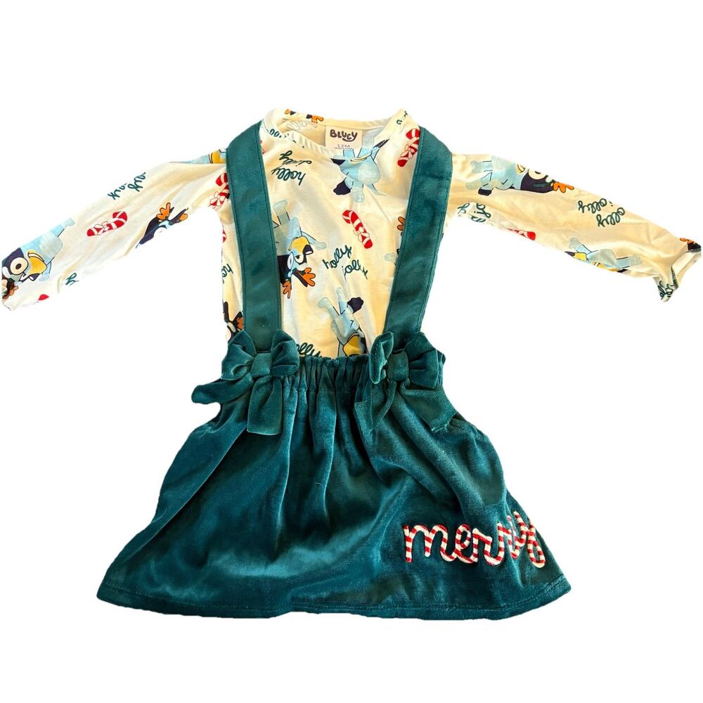 NWT Bluey Infant Christmas Shirt & Overall Skirt Outfit Size 12 Months